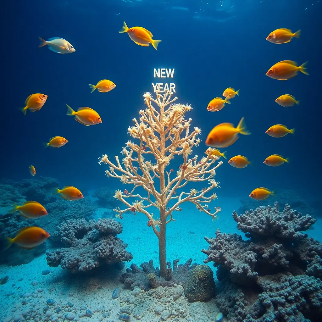 Fish swiming around the coral shaped as a new year tree, underwater new year evee