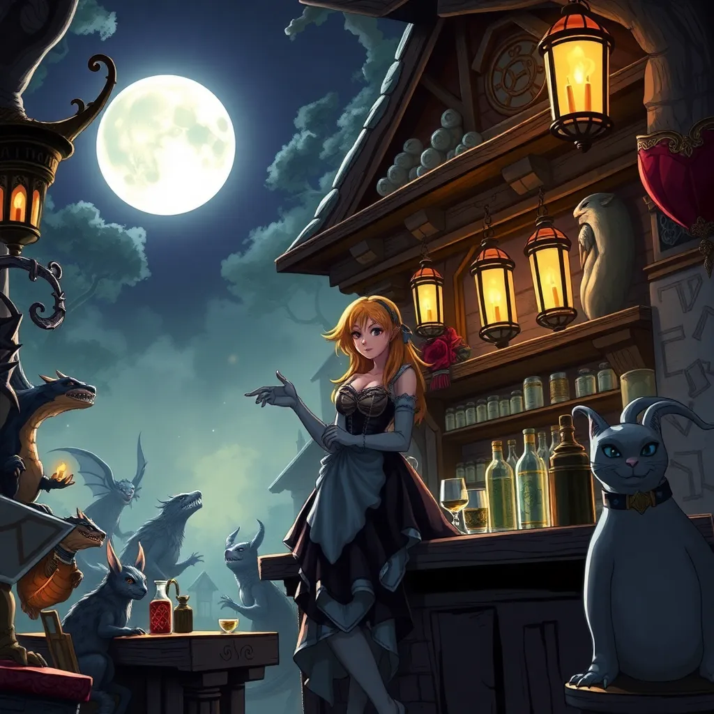 Fantasy tavern "Moonlight", many magical creatures and a barmaid