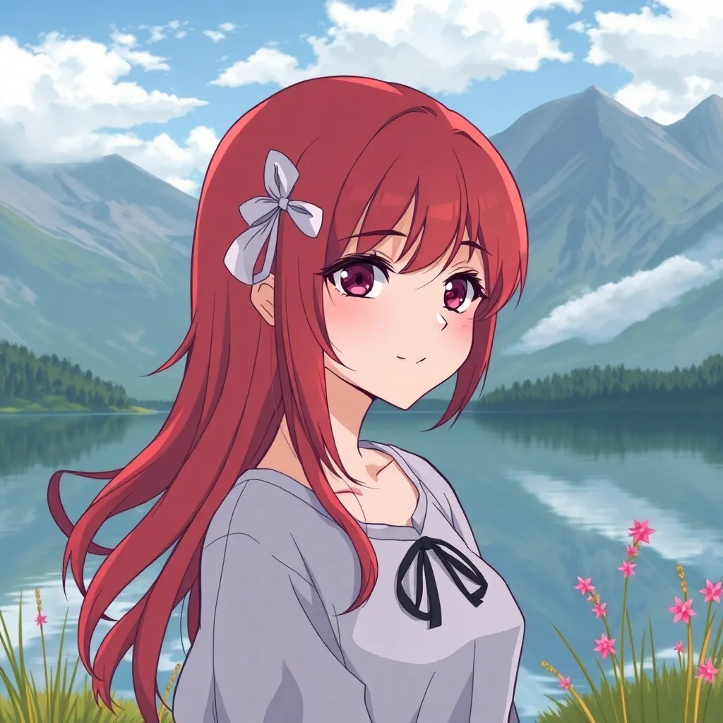 anime girl red hair lake
