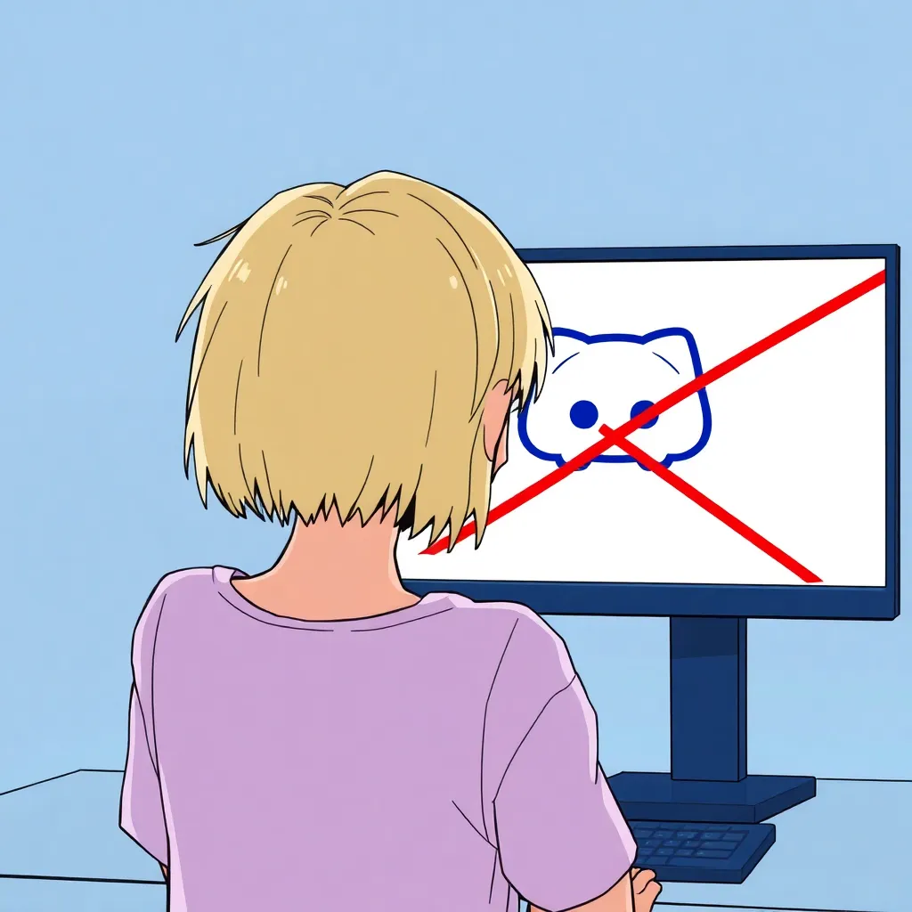 A blonde girl with a short haircut sits with her back to the viewer in front of a computer monitor, the blue screen of the monitor shows the Discord logo crossed out with a thick red line. The girl clutches her head with her hands, it looks like she is crying