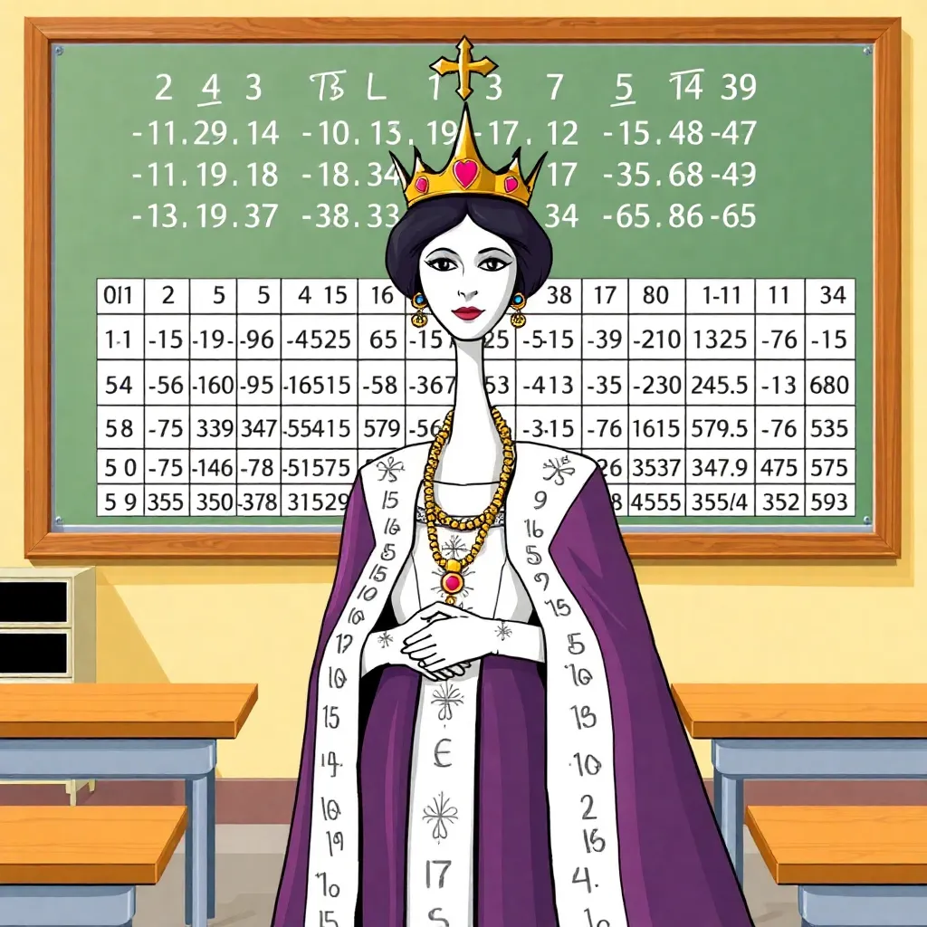 
Queen Mathematics is standing in a school classroom and behind her on the board is a multiplication table