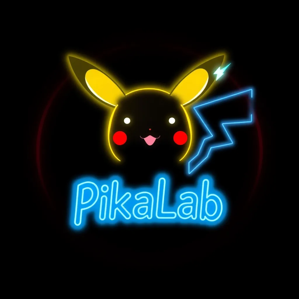 Create a logo for the company "PikaLab" in a retro-neon style. The logo should feature the text "PikaLab" in bright neon colors, such as yellow and blue, on a dark background. Add a lightning bolt or spark effect to emphasize the electric theme and vibrant energy inspired by Pikachu. The style should evoke an 80s vibe with smooth glow effects and illuminated outlines.