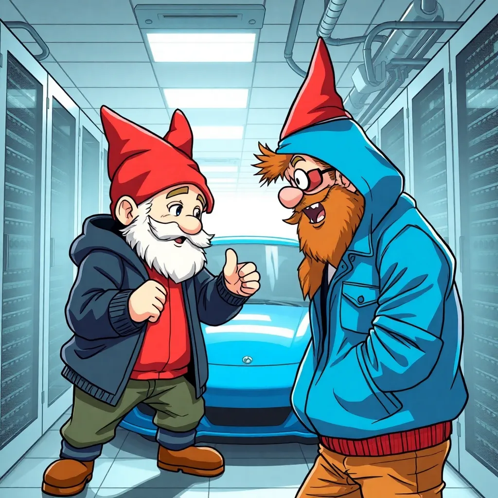 anime georgiy the system administrator vs ginger gnome Andrew in blue jacket fighting in server room with blue car on the background