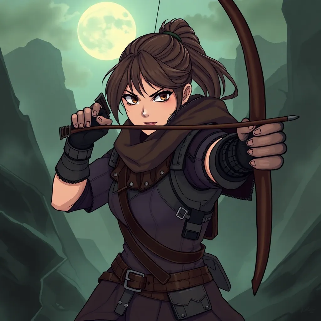 Create an anime-style illustration of a fierce female hunter. She wears rugged, practical armor with dark tones, suited for stealth and agility. She has sharp, focused eyes and holds a bow with an arrow ready to be shot, or alternatively a dagger in a defensive pose. Her hair is tied back, showing her face as determined and brave. The background is a misty forest or rugged terrain with an intense, mysterious atmosphere, capturing her readiness for the hunt. The colors are muted, with shades of green, brown, and a hint of moonlight to add depth and tension to the scene.