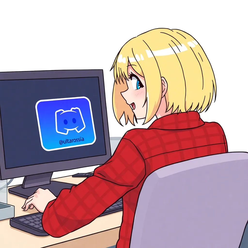 a blonde girl with shorthair is dressed into a red checkered shirt is sitting at the computer desk with her back to the viewer and looking at her computer's screen, there is Discord messenger logo is dancing with a blue card with the inscription @ultarossia, the girl is happy and smiling