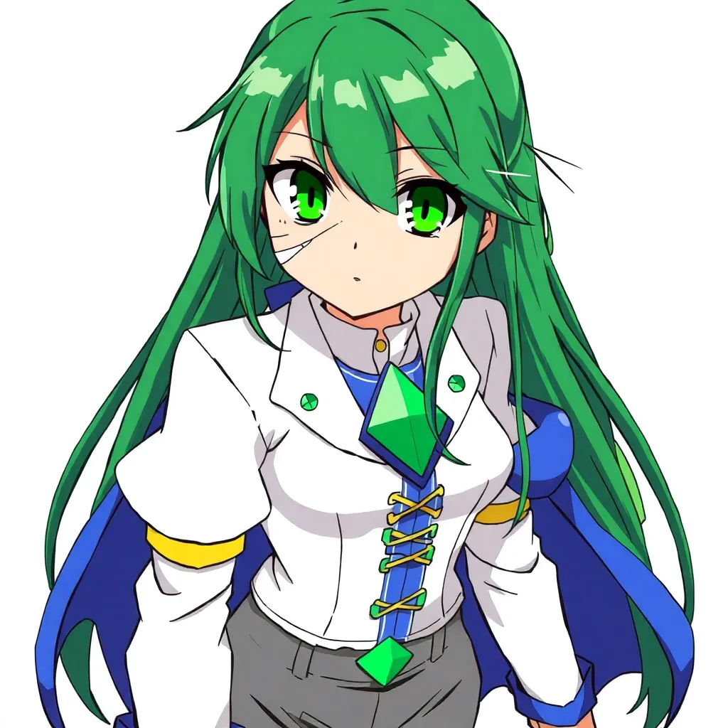 Long green hair and two bright green eyes. The whiteness on the eyes also has a grayer green color. There is a white bandage on the right side of the face. She has a white suit, over which there is a blue cape with a bright green stone in the shape of a triangle. There are yellow inserts on the sleeves. There is also a blue corset with yellow strings. Grey trousers and black shoes.