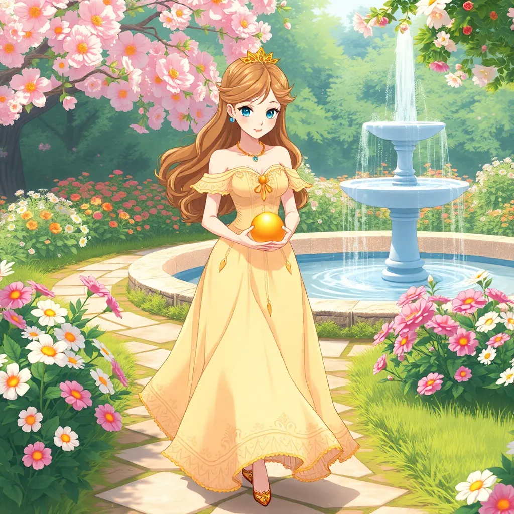 anime A princess is walking in a flowering garden near a fountain. She is dressed in a delicate dress with gold jewelry and holds a golden ball in her hands
