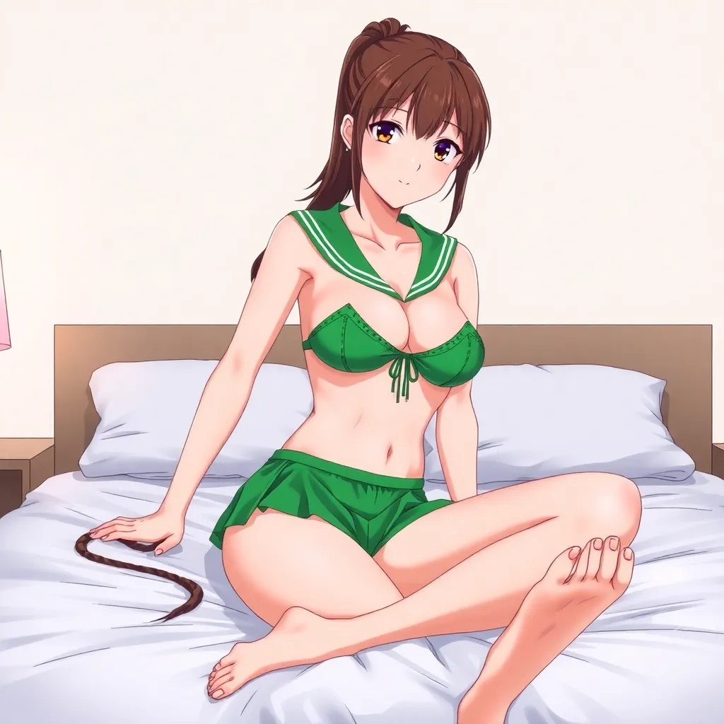 anime woman in a green sailor bikini sitting on a bed, brown hair pulled back into a ponytail, demonstrate her bare detailed feet