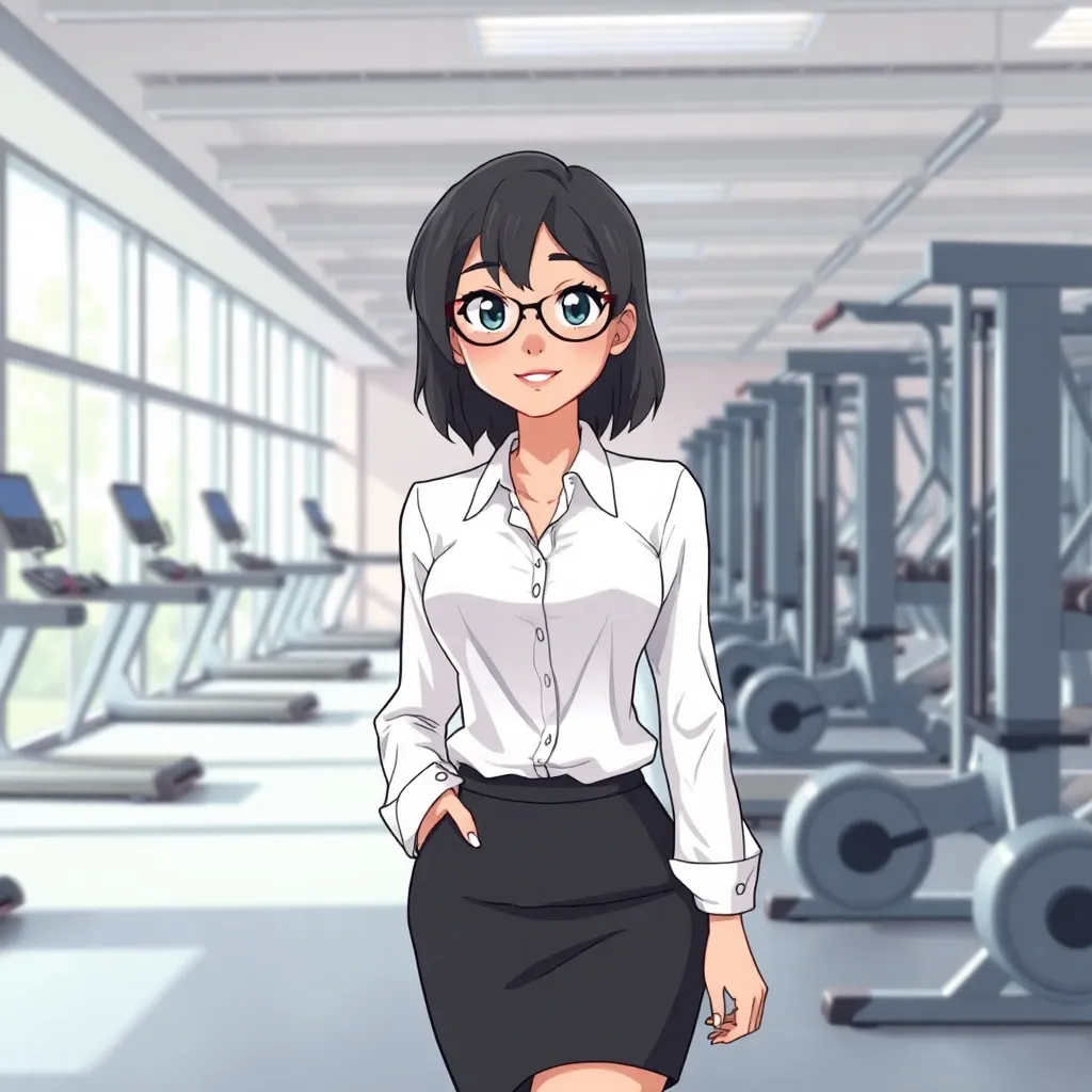 photorealistic, office woman in white blouse and black skirt in fitness center, 2d animation, masterpiece, flat animation
