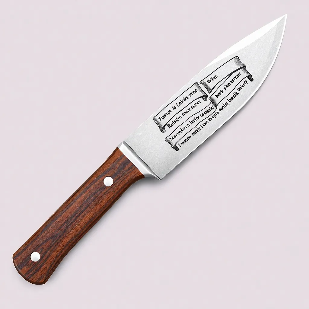 Draw a Knife of the Classic blade shape, with a carved wooden handle of a dark wood color, and on the blade there should be an engraving in the form of flag banners with lines from famous Russian songs about war and victory. The length of the blade is 150 mm, the width is 31 mm, it should be steel color without processing, the engraving is black. Banners with lines on the engraving should go a little into perspective, that is, into the distance, as it were. You can not completely place the line in the Banner, in order to increase the size of the letters and readability. In the picture we see the knife straight, the handle is on the left, the banners go from left to right up diagonally.