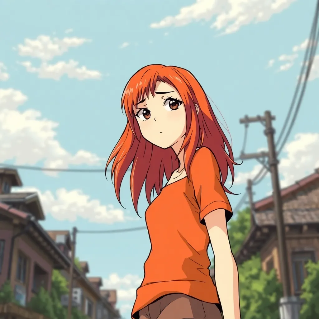 sassy girl with red shaggy hair, full figure, miyazaki style