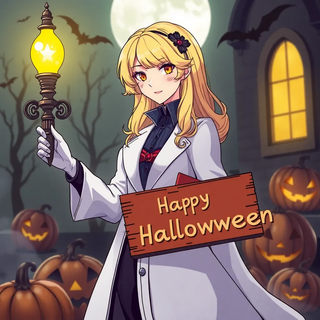 Doctor Elise: The Royal Lady with the Lamp blonde main character Elise. in halloween style with pumpkins and bats with sign happy halloween