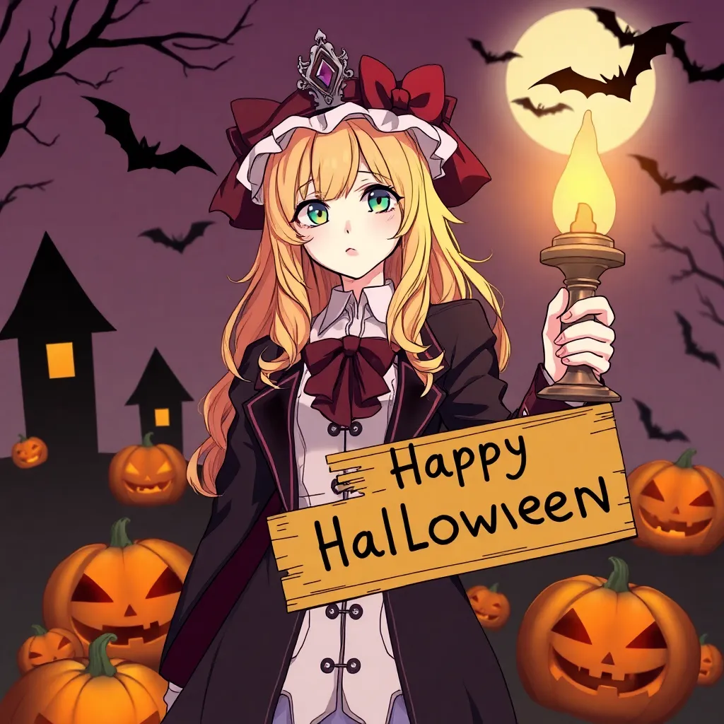 Doctor Elise: The Royal Lady with the Lamp blonde main character in halloween style with pumpkins and bats with sign happy halloween

