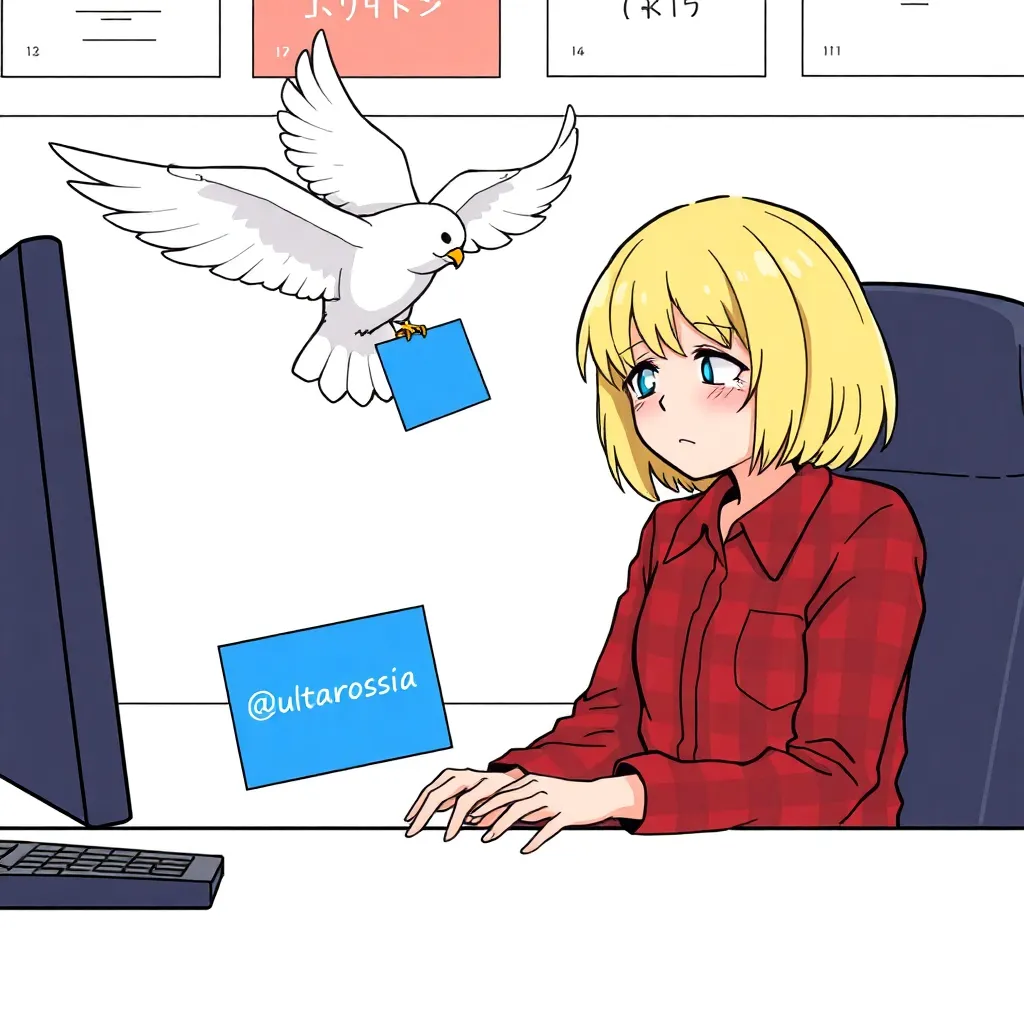 a blonde girl with shorthair is dressed into a red checkered shirt , is sitting at a computer desk   and crying, a white bird, similar to a dove, lands on the desk, the bird holds a blue card with the inscription @ultarossia in its beak. 