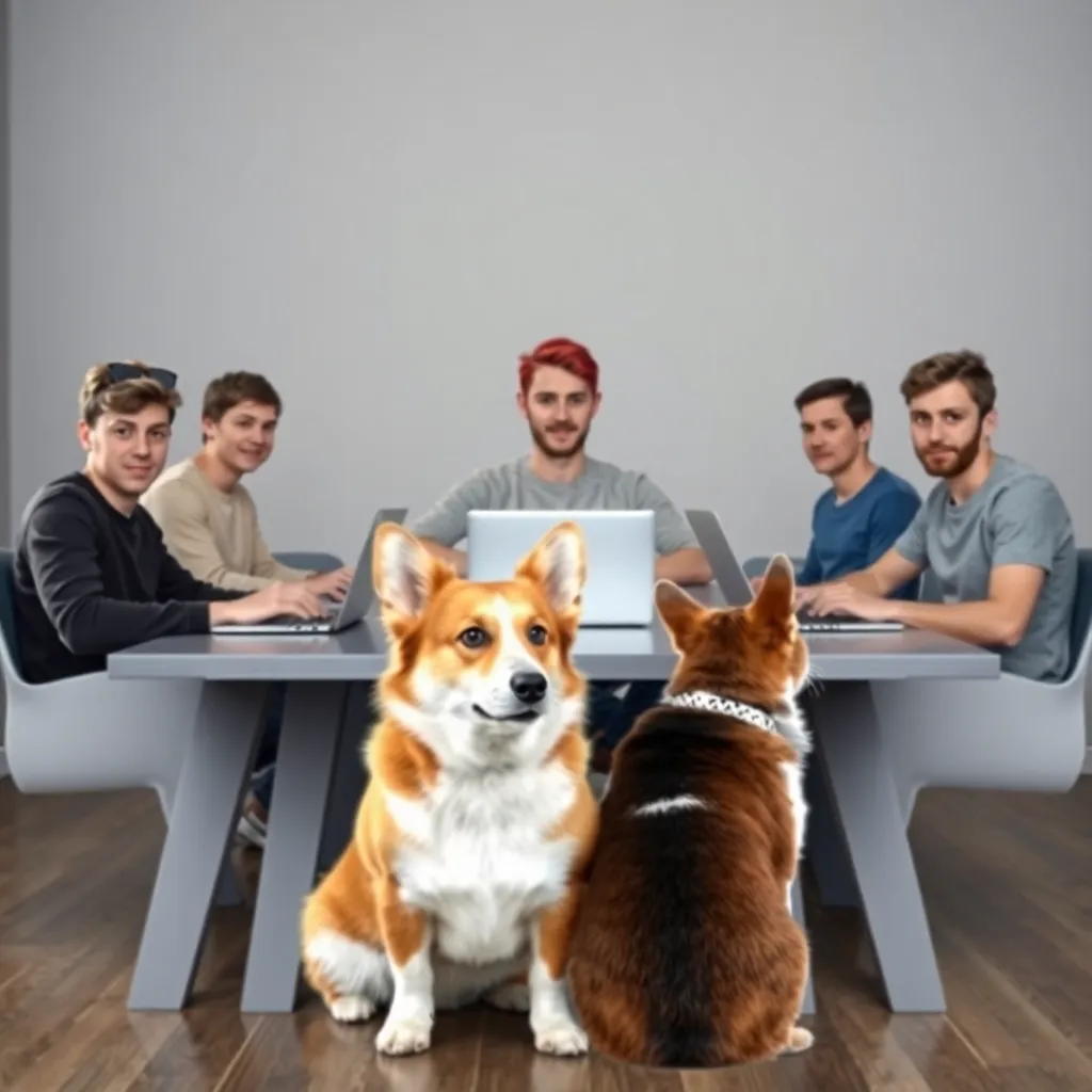 Create an image of a team of six guys aged 21-25 sitting in a room at a single table. One of them, a red-haired guy sitting in the middle (he’s the leader), is the focal point. They are trading Solana on their laptops. In front of the table where they’re seated, there are two animals: a gray British Shorthair cat and an orange-and-white Pembroke Welsh Corgi dog.