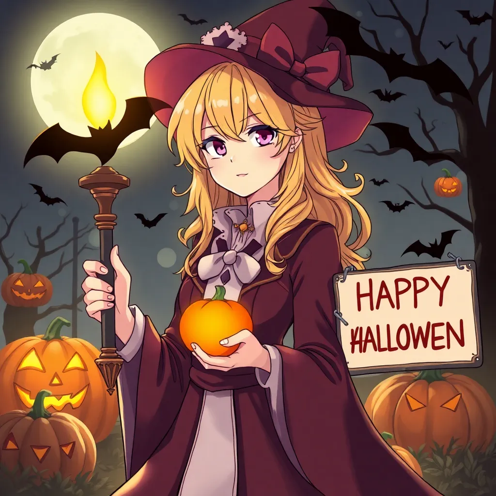 Doctor Elise: The Royal Lady with the Lamp blonde main character in halloween style with pumpkins and bats with sign happy halloween

