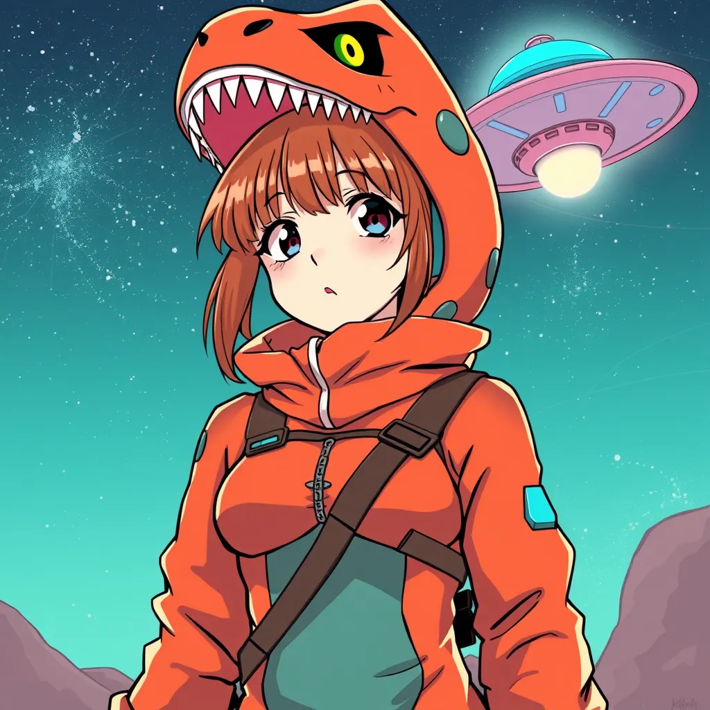 anime girl with dino suit and ufo