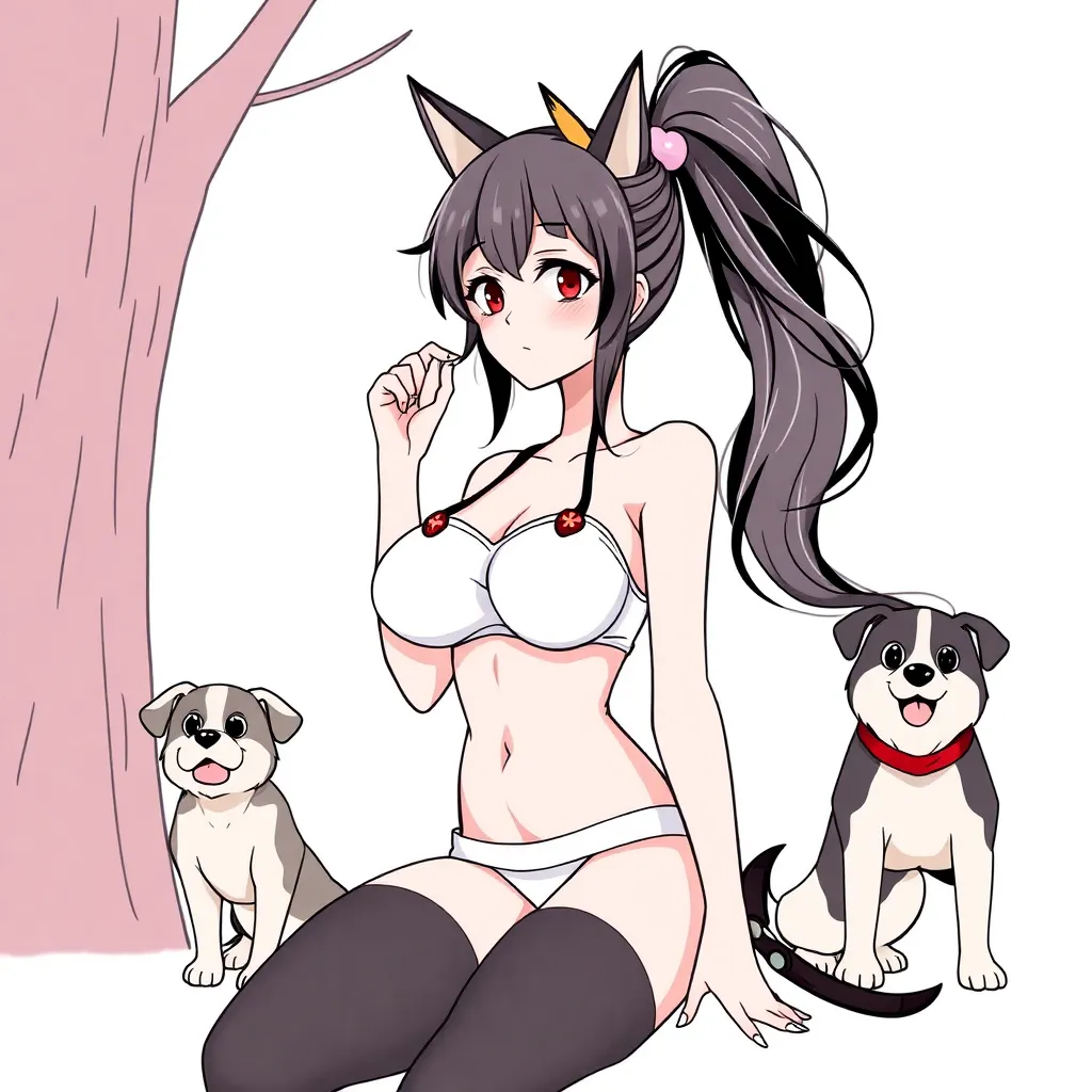 Prompt: draw an anime girl with big boobs and ass with stuff dogs
