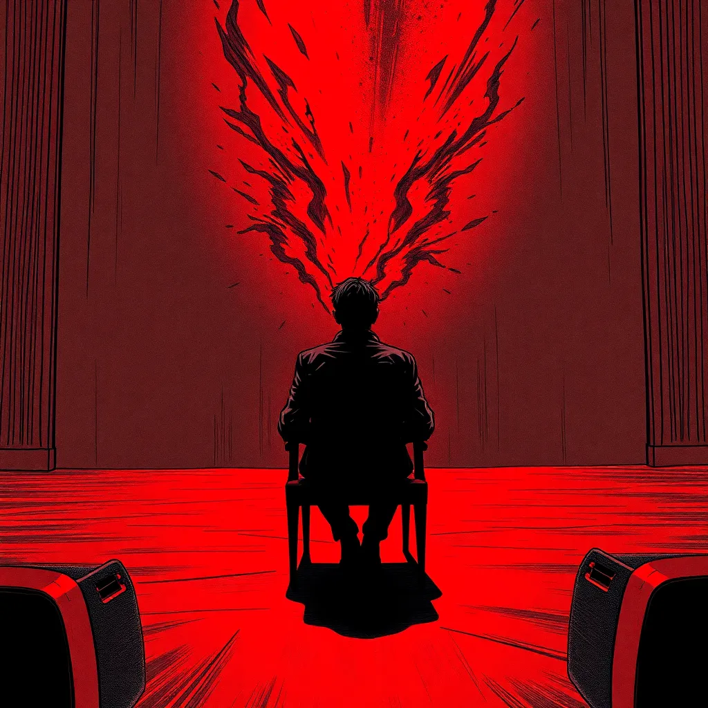 in a psychological format in black and red tones with an element of madness of hatred and denial causing psychological pressure, the image of a man sitting on a chair in an empty stage and wants to throw out all his emotions view from the front