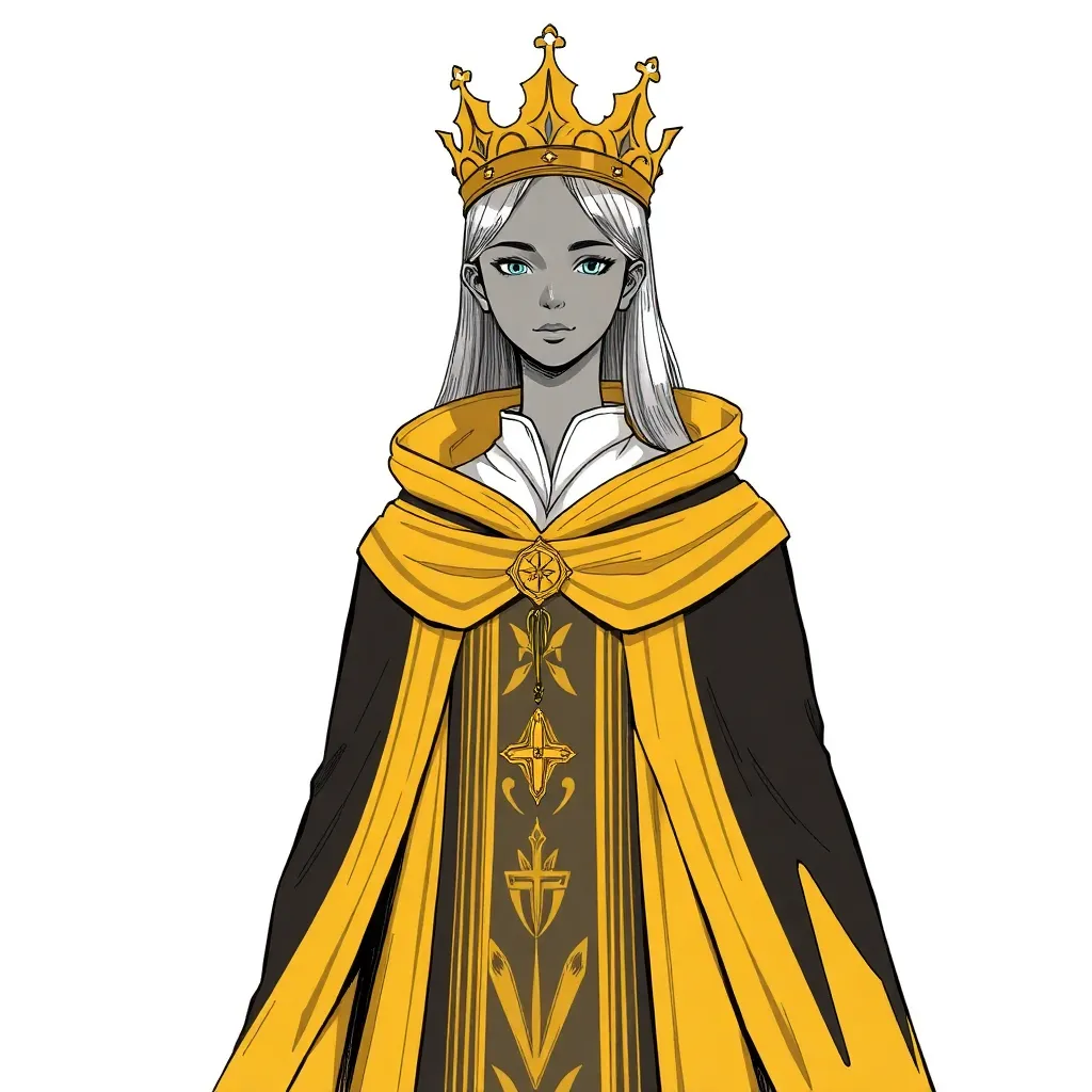 A tall woman with grey skin and flat face, in a golden and black cassock with crown style collar and long golden crown, draw fullbody