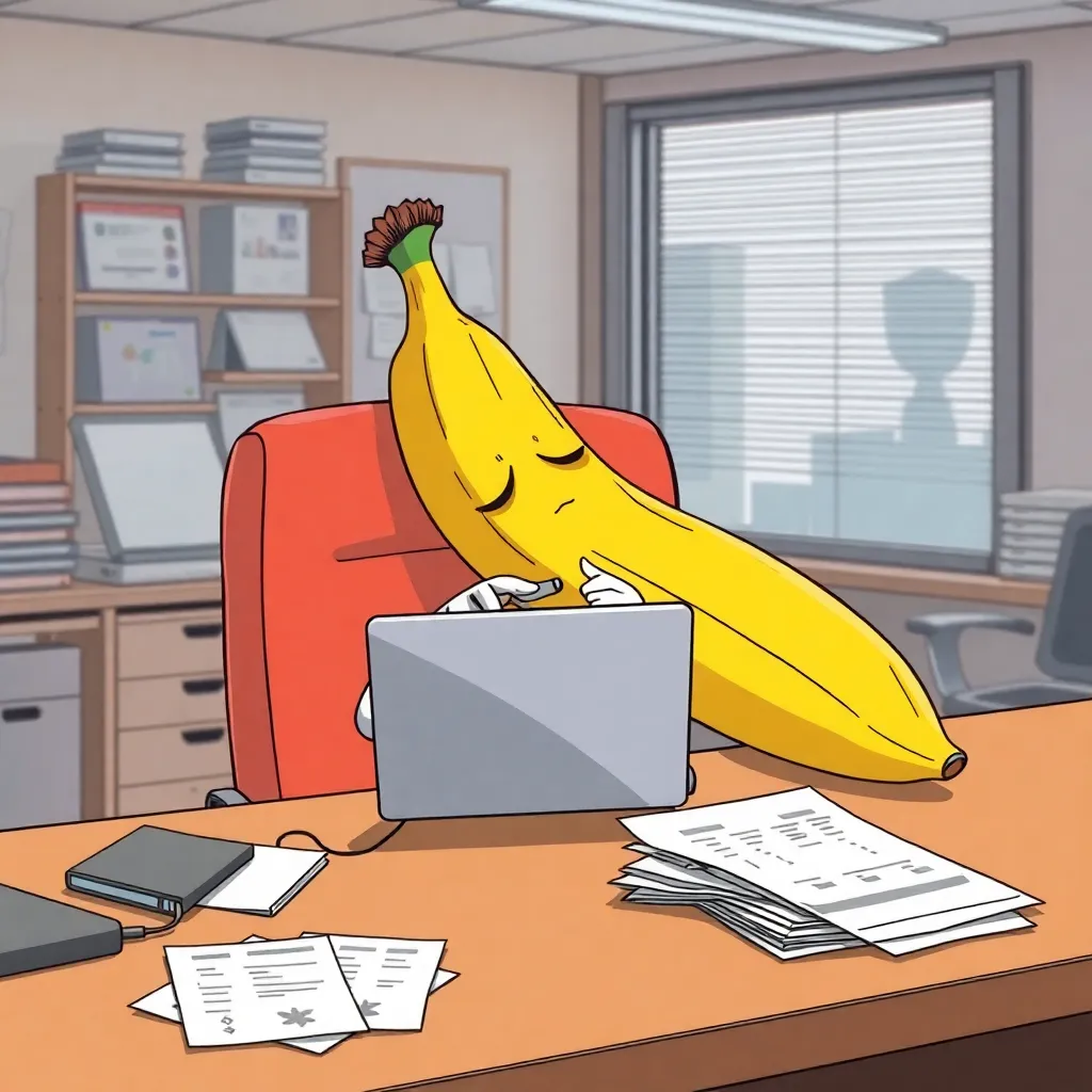 a humanoid banana sleeps at a table sitting on a chair, there is a laptop on the table, a pile of paper around, an office office against the background