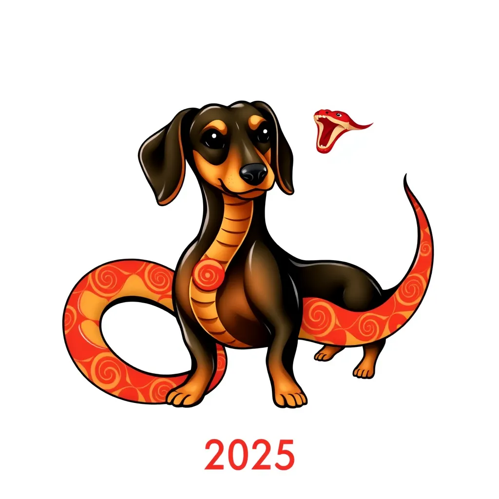 A creative and celebratory design for the Year of the Snake in 2025, featuring a dachshund with the body of a snake. The creature is elegantly coiled, with a sleek, shiny, serpentine body adorned in vibrant red and gold patterns symbolizing prosperity and joy.
