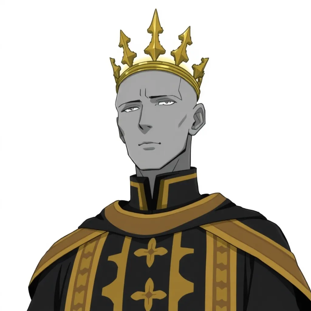 A tall person with grey skin and flat face, in a golden and black cassock with crown style collar and long golden crown