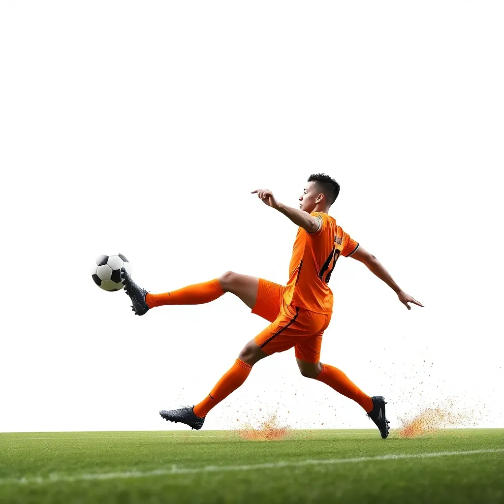 Sport photography of a professional football player in a orange uniform scores a goal, with a white background, and dynamic effects in the style of motion, photoshop effect, epic render.