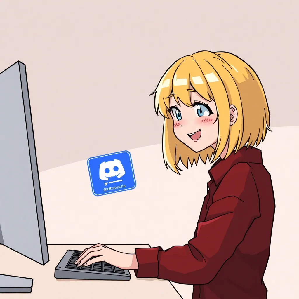 a blonde girl with shorthair is dressed into a red checkered shirt is sitting  at  the computer desk  and looking  at  her computer's screen,   there is Discord messenger logo  is  dancing with a  blue card with   the inscription @ultarossia,  the girl is happy  and smiling