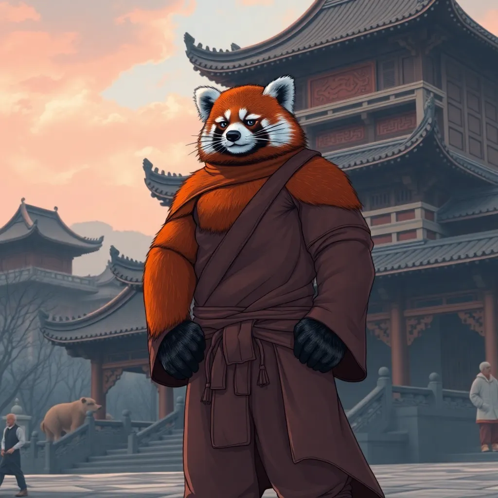 A muscular red panda in the body of a man in a monk's robe stands against the background of a Chinese temple, in a medieval style