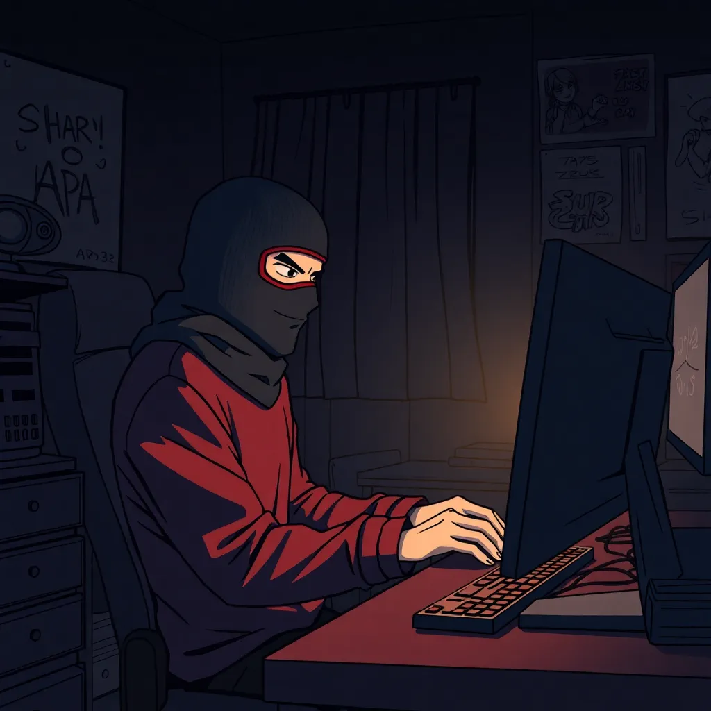 A guy in a balaclava sits in a room and plays a computer, the room is dark in anime style