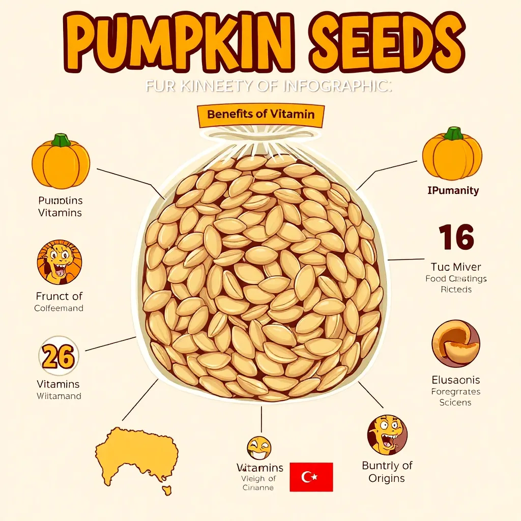 Pumpkin seeds for sale on marketplaces should include an infographic. The infographic should highlight the benefits of pumpkin seeds, the vitamins they contain, their weight (1 kg), the country of origin, and other relevant information.