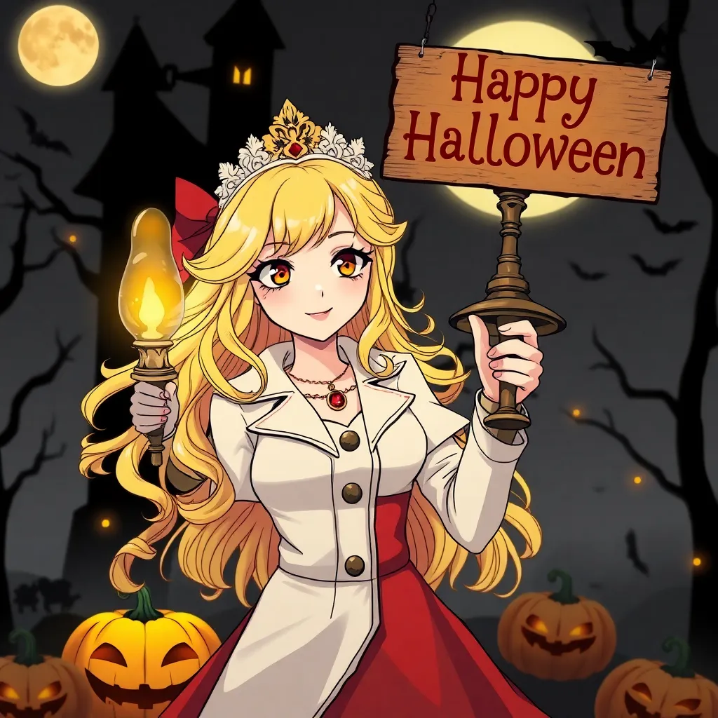 Doctor Elise: The Royal Lady with the Lamp blonde main character in halloween style with pumpkins and bats with sign happy halloween