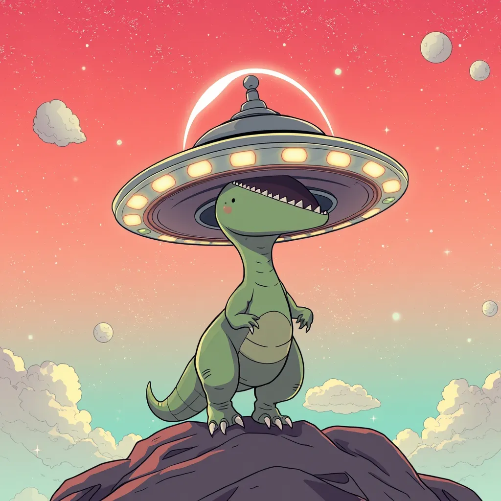 cute dino girl ufo sky