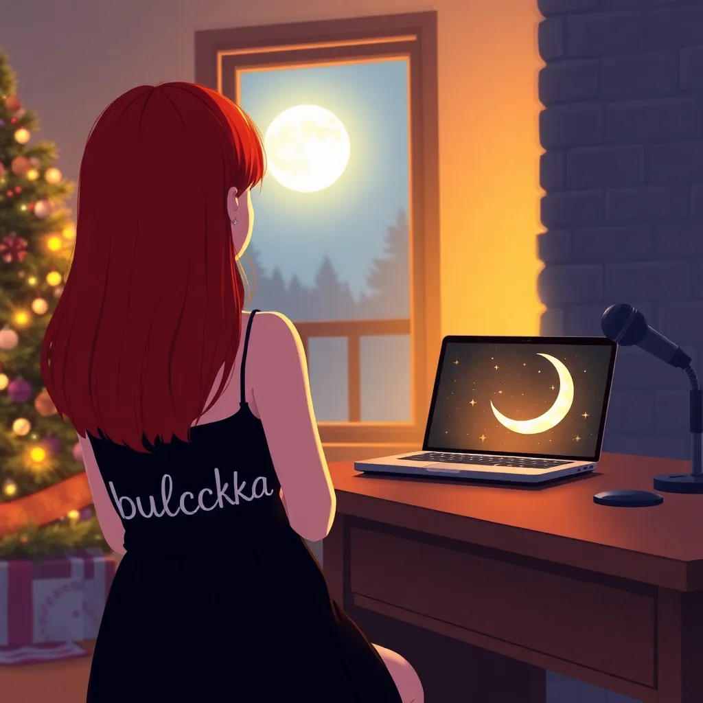 A stylized digital art illustration of a redhead girl, back view, looking at a lit fireplace. She is wearing a black dress with the word "bulochka" written in white letters on her back, and a small black heart outlined in white to the right. A laptop with a glowing screen showing a crescent moon and stars, and a microphone, are on a wooden desk to the right. A bright full moon is visible outside the window to the left, and a decorated Christmas tree with warm lighting is slightly behind the girl on the left. Soft gradients, glowing details, rich colors, smooth lines, 8k, artstation.