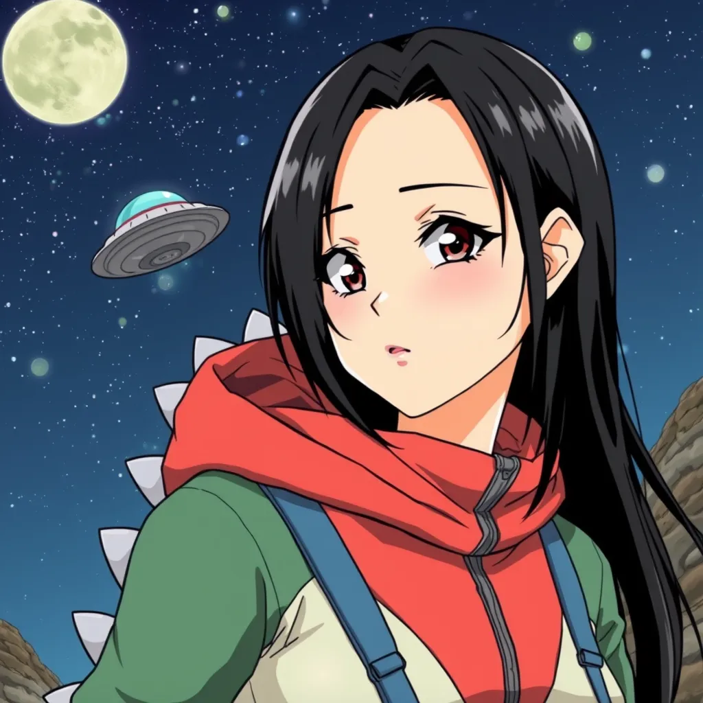 anime girl, black hair, with dino suit and ufo