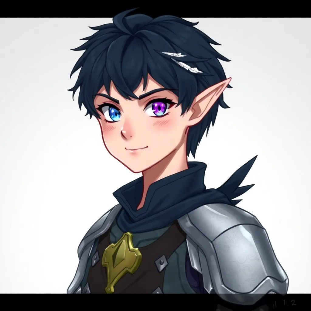 a young man with cornflower blue eyes, purple slit eyes, black hair, sparse white strands in his hair, a slight smile, a few feathers on his cheekbones, elven ears, dressed in light armor, (black wings behind his back:1.2), harpy, bird legs, griffin tail, character description, character concept art, official character art, full-length