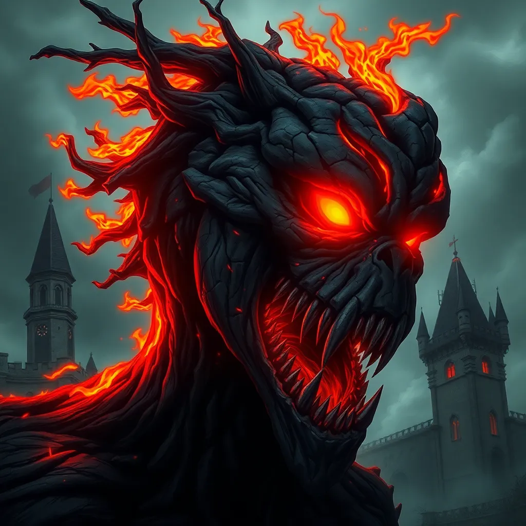 Dark, monstrous creature, profiled view, with intense, dramatic lighting.  Ferocious, gaping maw filled with sharp teeth, emitting fiery red flames, contrasted powerfully with its dark, shadowed form.  Eyes glowing fiery red, emphasizing an aggressive and malicious aura.  Deep crevices and textures across its face and neck, resembling cracked stone or volcanic rock, with molten orange-red streaks.  Large, gnarled, branch-like protrusions extending from its forehead and crown, creating a sense of grotesque horror.  A medieval castle partially visible in the background, silhouetted against a smoky, stormy sky.  Colors are primarily black, shades of gray, and fiery reds, creating a dramatic mood.  Dramatic perspective, showing the creature as large and imposing, close-up view of the face. Detailed textures and lighting emphasizing the creature's horrifying nature. Gothic, fantasy style.  Dark, apocalyptic atmosphere.