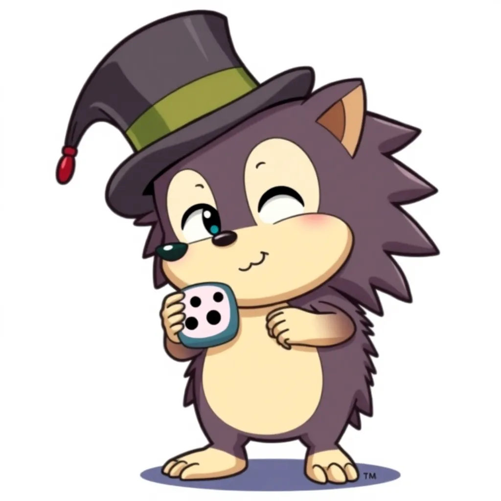 Hedgehog in a top hat holds a 20-sided die for playing dnd. Cartoon style, 2D drawing