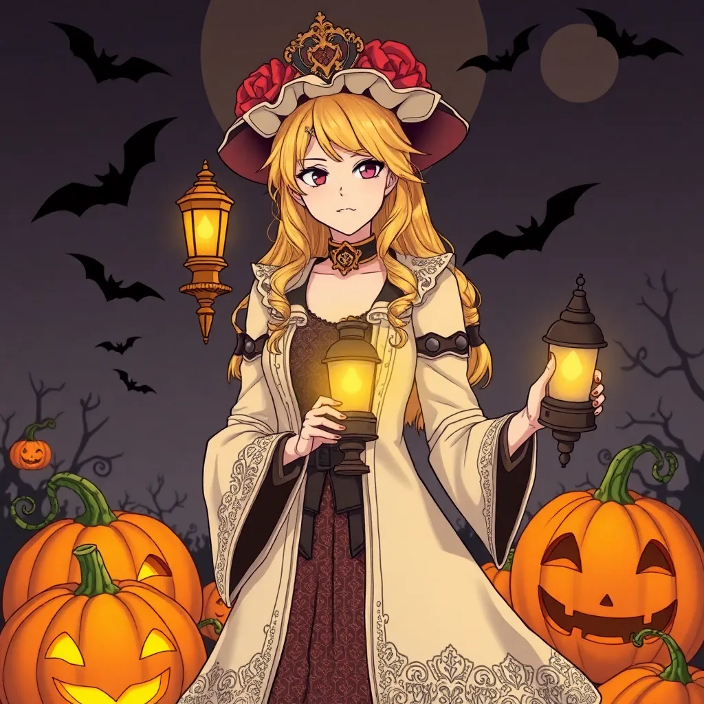 Doctor Elise: The Royal Lady with the Lamp blonde main character in halloween style with pumpkins and bats
