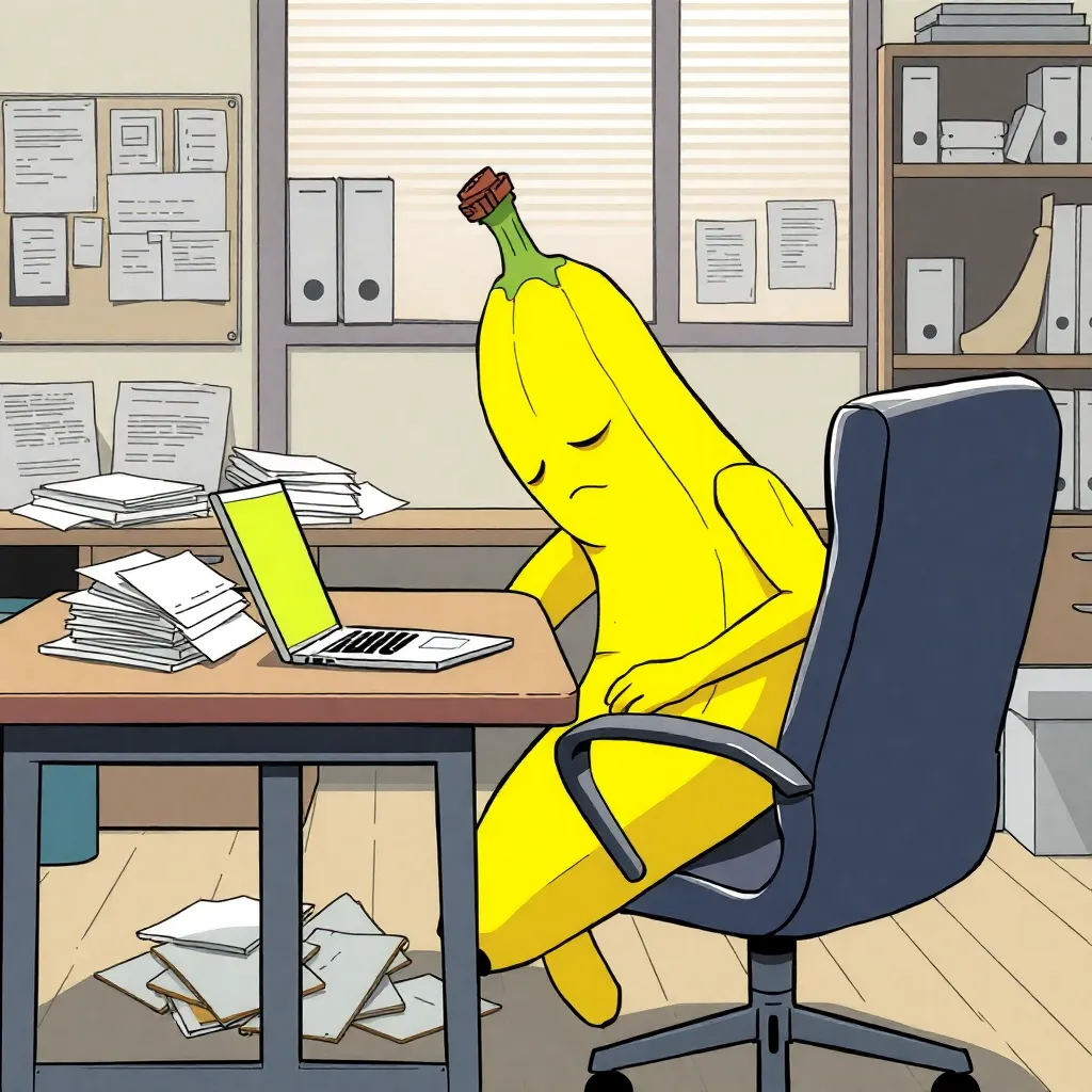 a humanoid banana sleeps at a table sitting on a chair, there is a laptop on the table, a pile of paper around, an office office against the background