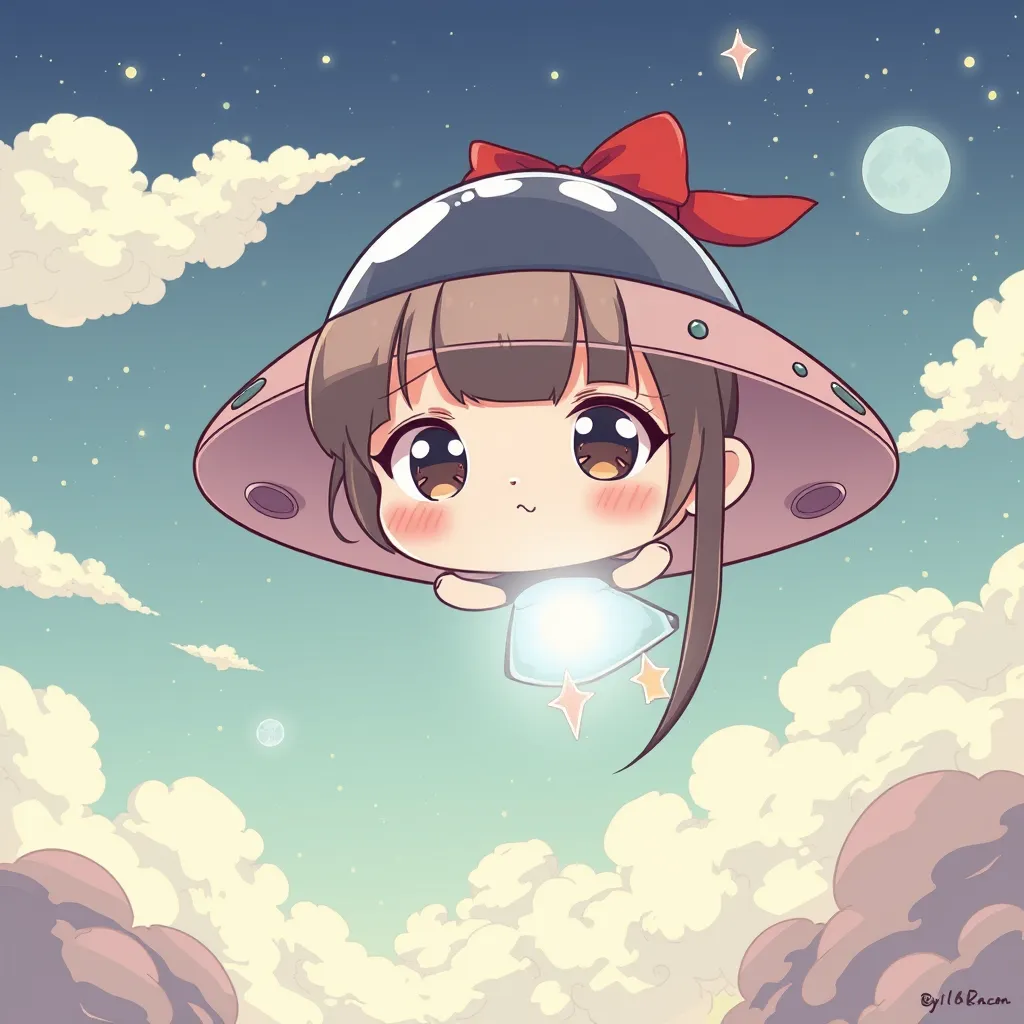 a cute gril, ufo in sky 