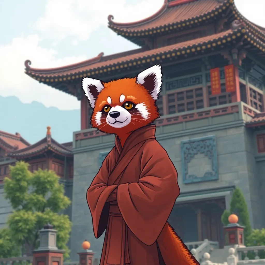 A strong red panda in the body of a man dressed as a monk stands against the background of a Chinese temple in the Middle Ages