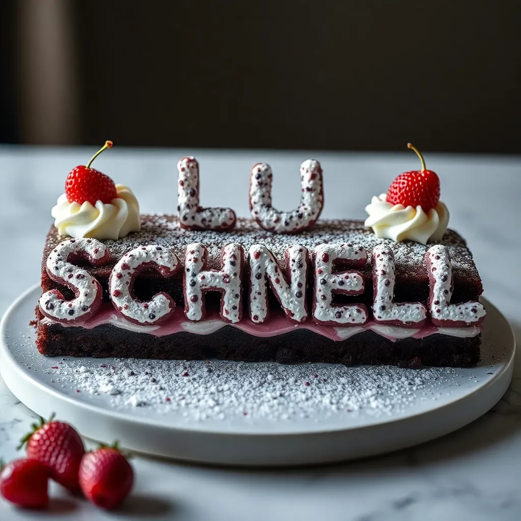 black forest gateau cake spelling out the words "FLUX SCHNELL", tasty, food photography, dynamic shot