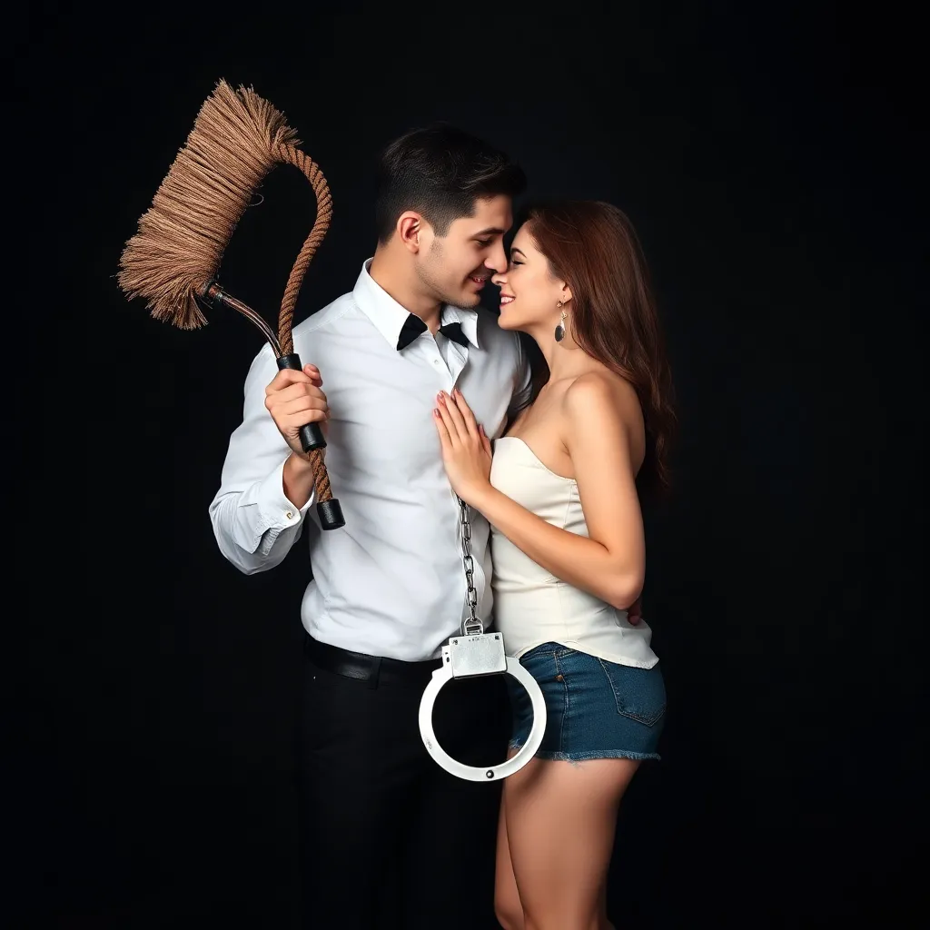 Generate an image of a flogger, a whip, handcuffs and a gag as if they were a loving couple