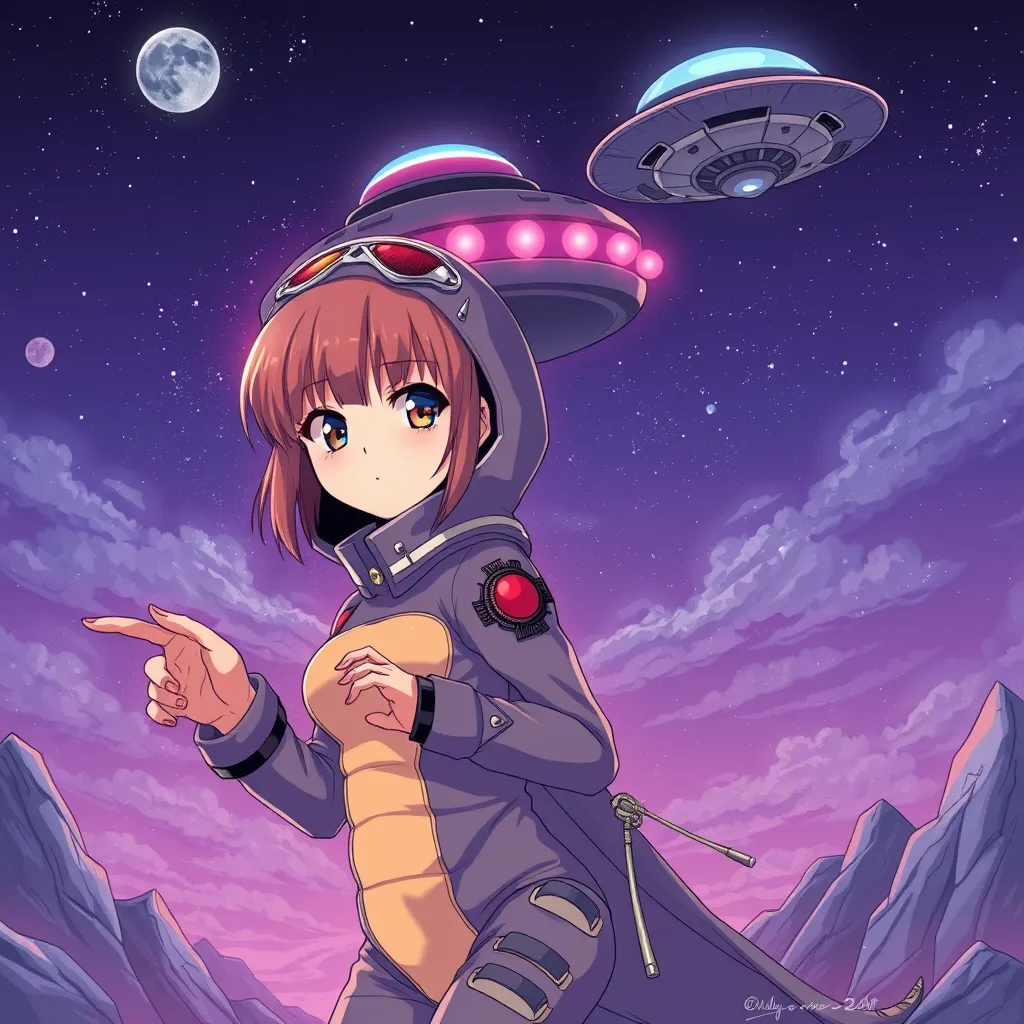 anime girl with dino suit and ufo