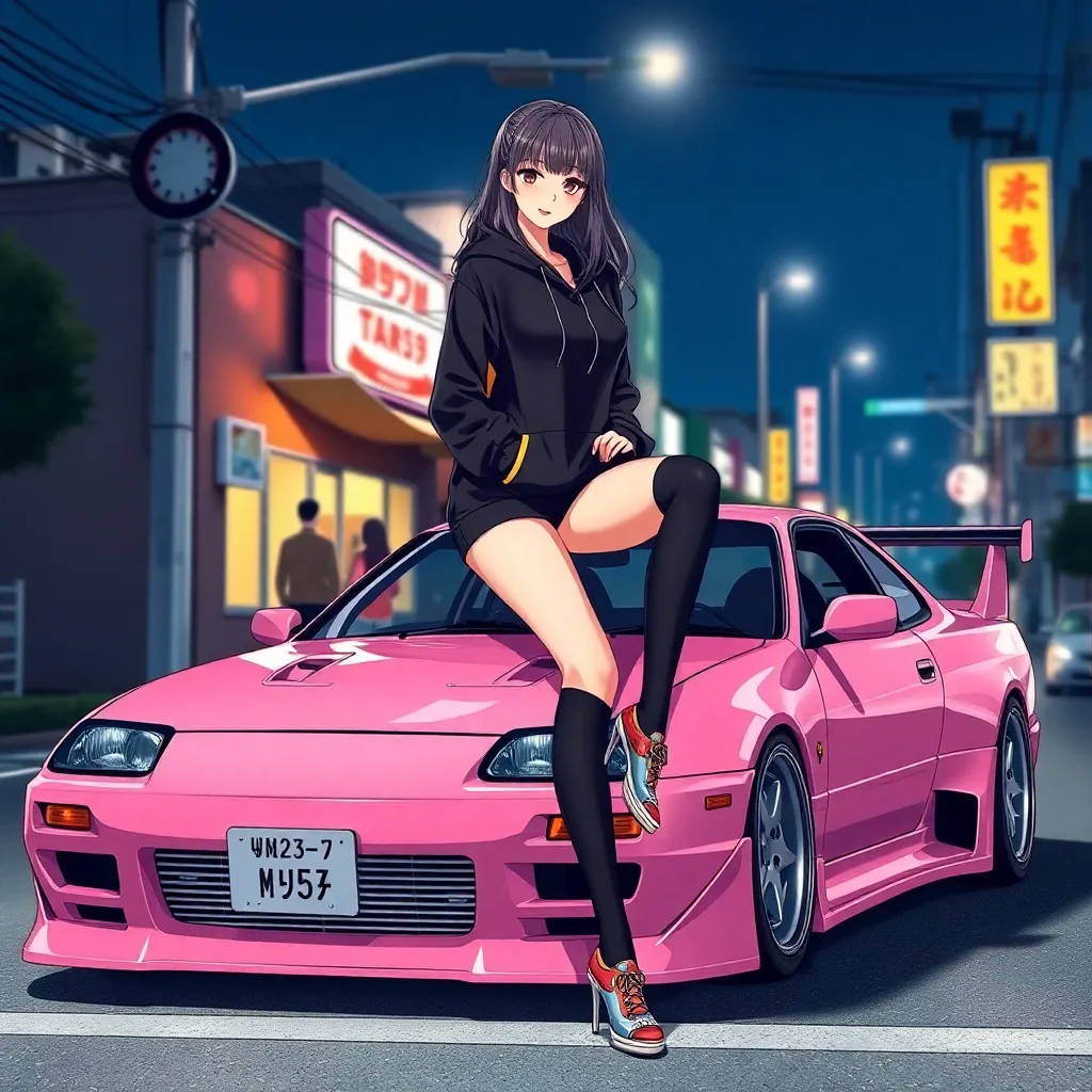 a sexy woman sitting on top of a pink car, anime character; full body art, dressed black hoodie, night life, high details on clothes, lux, walking down a street, japanese drift car, anime still image, large thighs, fashion poster, big boobs