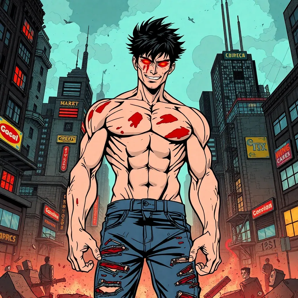 Tall man
195 cm
very black hair
Laser-red eyes
Muscular body
Torn jeans
Battle damage
Megacity ruins
Wicked smile
Gloating
Post-battle
Superhero aesthetic
Futuristic metropolis
blood on face
shirtless
without a suit
Human
muscles
not wide
thin
