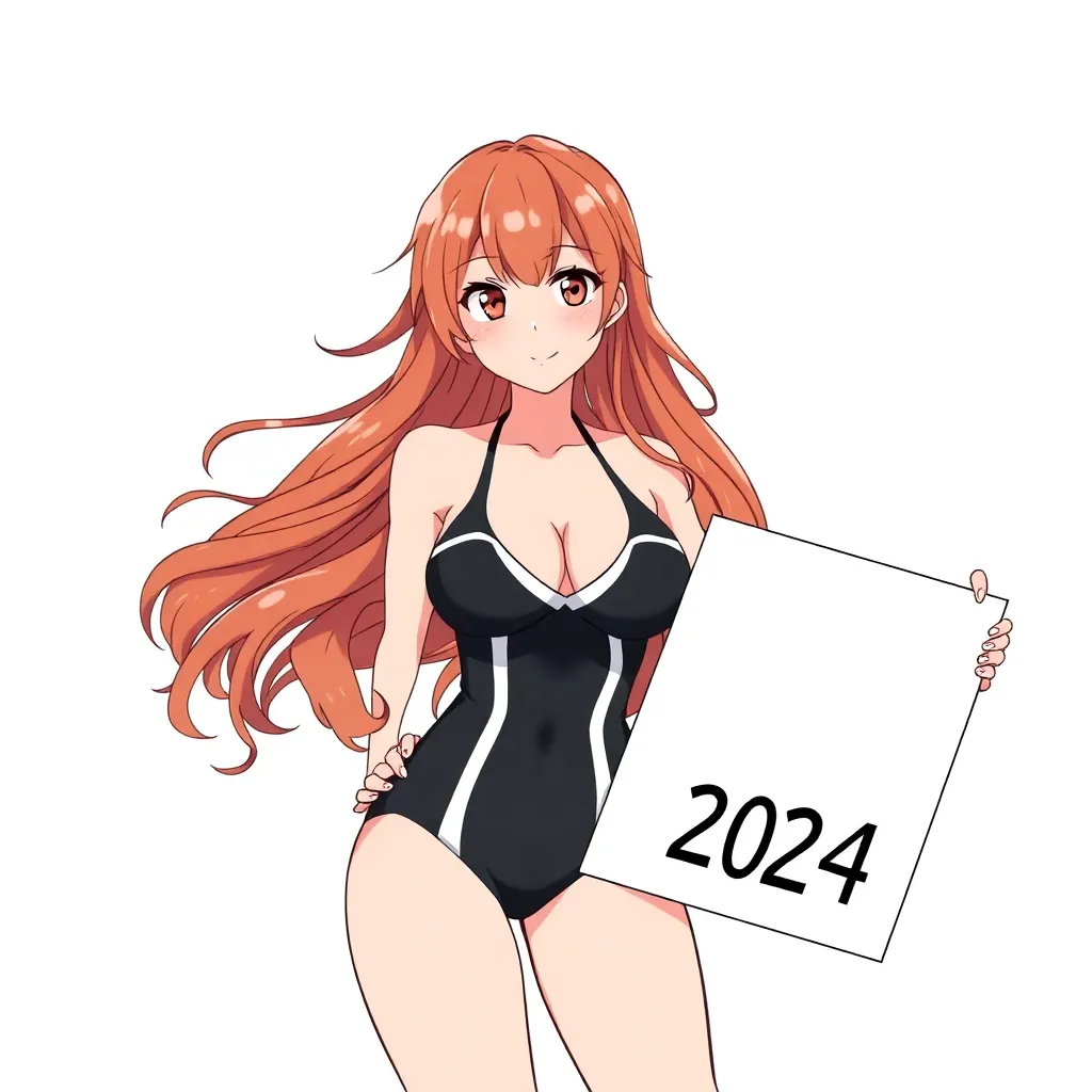 clear boundaries, drawing year 2024 ,a anime girl, Ochako Uraraka from Boku no Hero Academia, in a swimsuit with big breasts, holding a white poster.