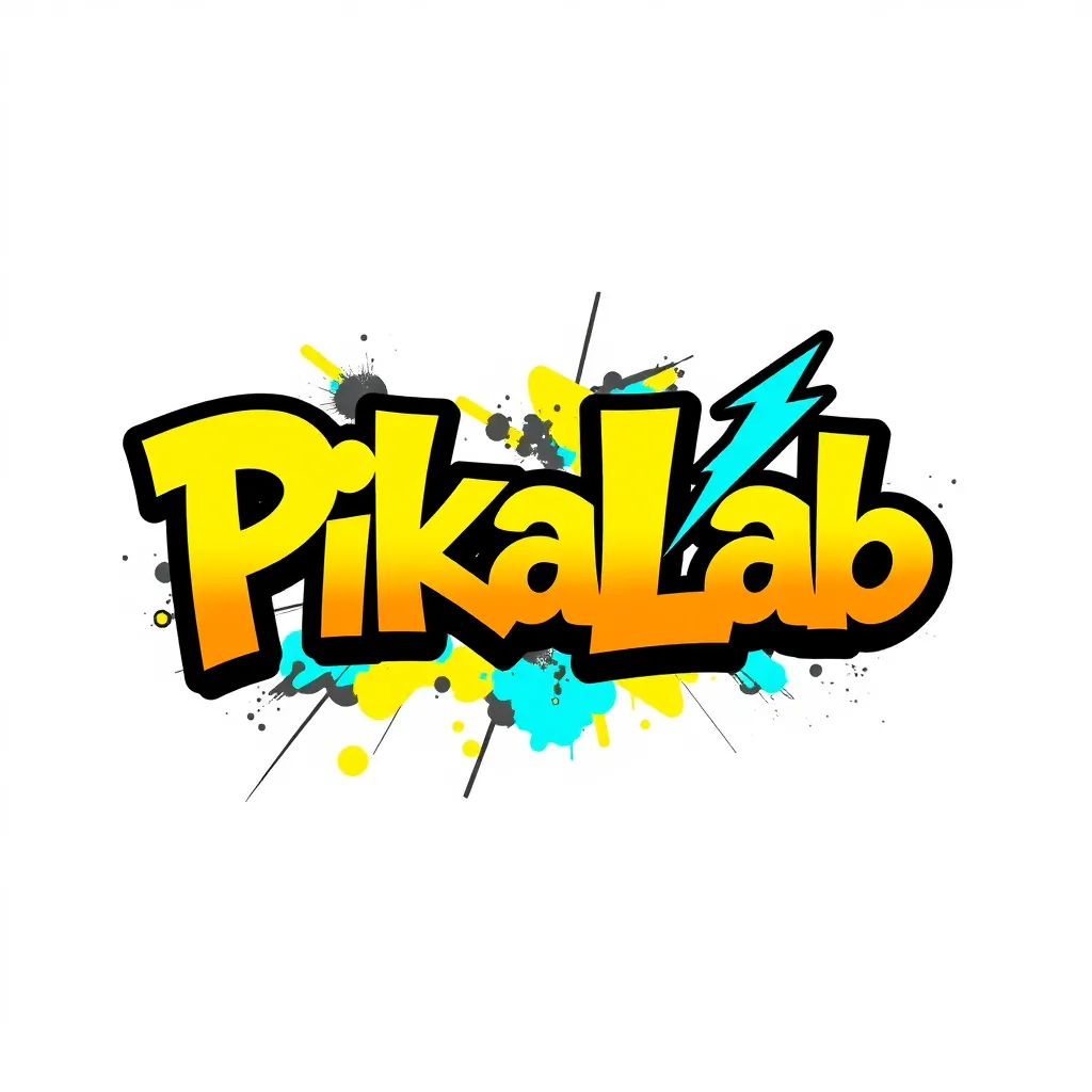 Design a logo for "PikaLab" in a graffiti and street art style, inspired by the GTA universe. The text "PikaLab" should appear in bold colors, such as yellow, orange, and blue, with spray paint splatter effects and a dynamic layout. Add a lightning bolt element that looks spray-painted to highlight the brand's energetic vibe. The logo should be bright and bold, capturing attention with a street culture feel.